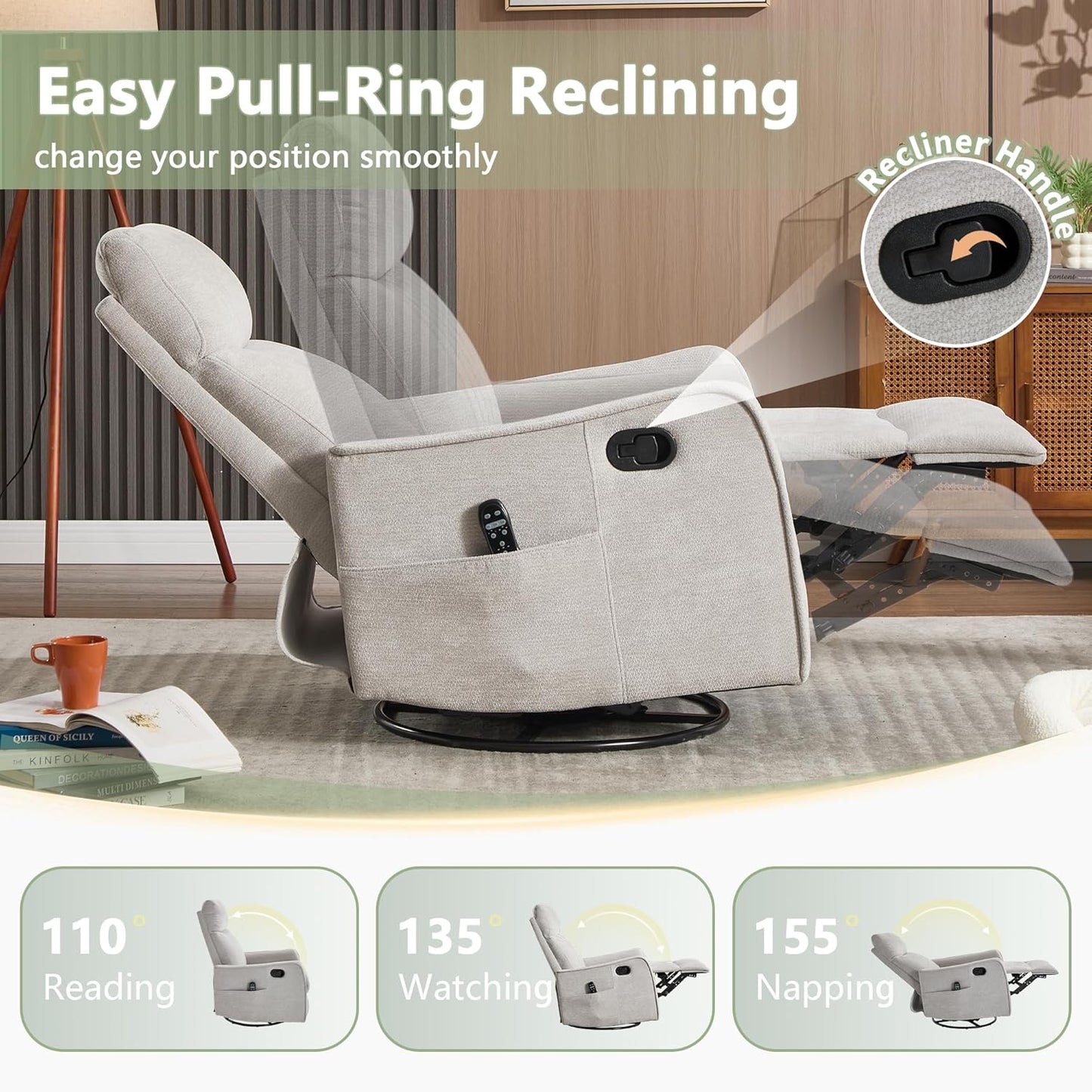 cinkehome Swivel Rocker Recliner, Glider Rocker Recliner Chair for Nursery, Manual Reclining Chair with Heated Massage, Small Spaces, Living Room, Khaki Chenille