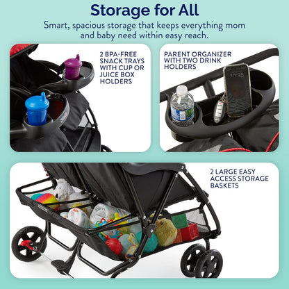 Kolcraft Cloud Plus Lightweight Double Stroller Side-by-Side for Infant Toddler, Compact Folding Travel System with Reclining Seats, Canopies, Storage Basket, Trays, Easy Maneuver – Red Black