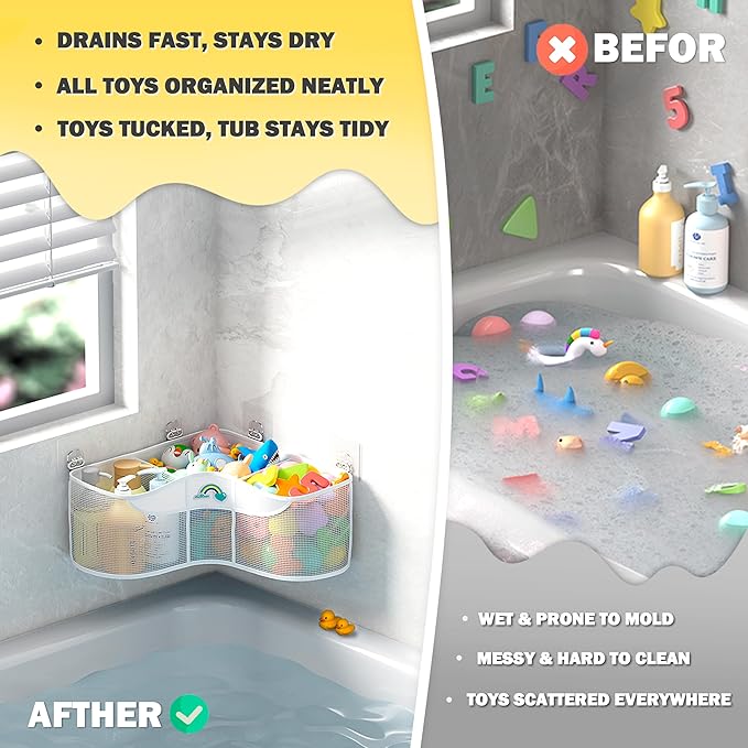 Austion 3-Compartment Corner Bath Toy Storage Organizer for Tub - Wide-Opening Mesh Kids Bath Toy Holder with Easy Sorting & Storage, Quick-Drying Machine-Washable Bathroom Organizer for Tidy Bathtub