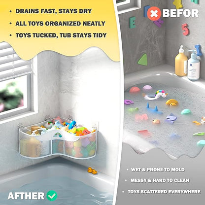 Austion 3-Compartment Corner Bath Toy Storage Organizer for Tub - Wide-Opening Mesh Kids Bath Toy Holder with Easy Sorting & Storage, Quick-Drying Machine-Washable Bathroom Organizer for Tidy Bathtub
