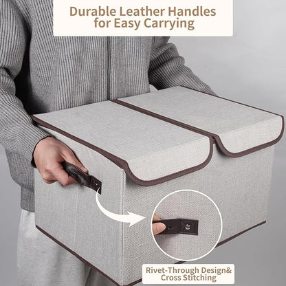Foldable Fabric Storage Box, 16.5 x 11.8 x 9.8 inches (L x W x H), with Double-Lid & Dividers, Large Organizer for Home, Closet, Office(Grey, 4 Packs)