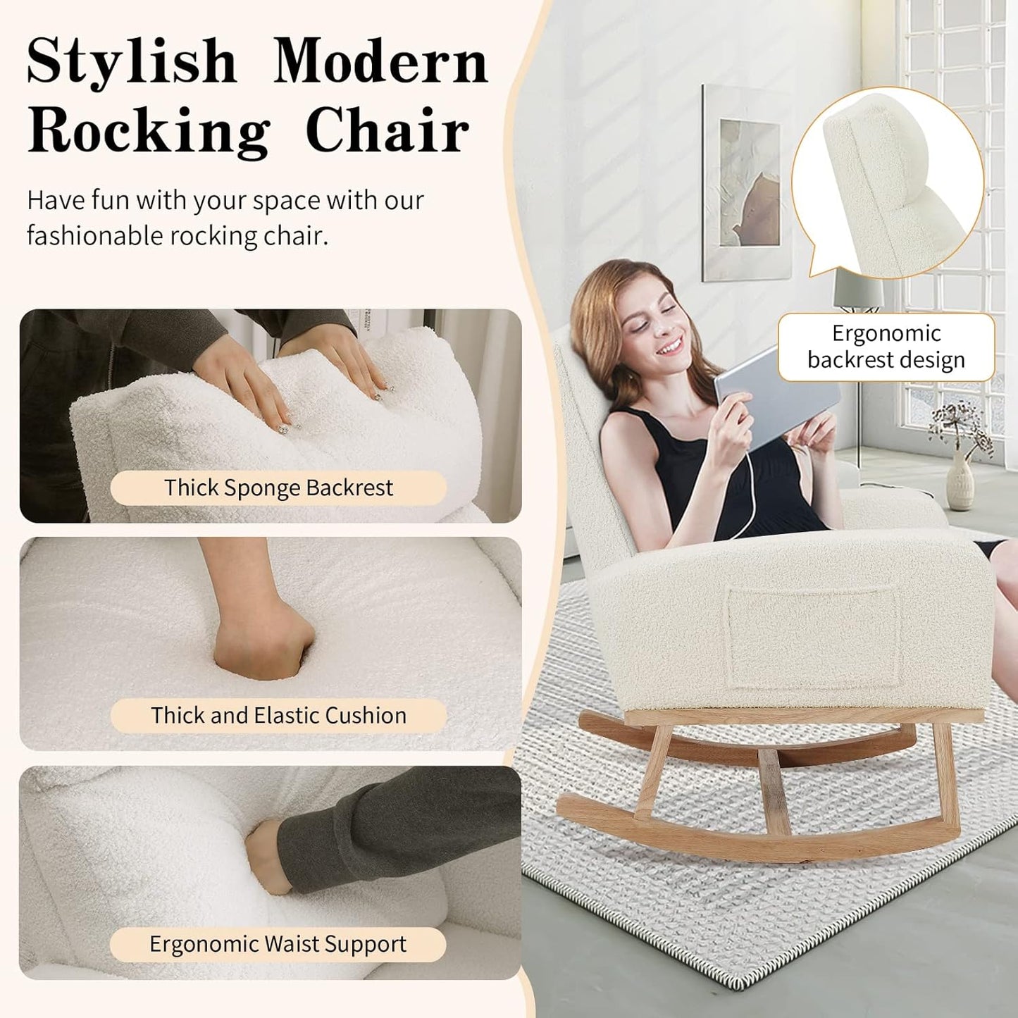 HCHAIRH Rocking Chair Nursery, Upholstered Fabricr Nursing Rocking Chairs with Soft High Back, Modern Nursery Glider Rocker for Mom Living Room, Bedroom, Camel