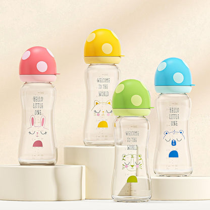 YOHKOH Natural Glass Baby Bottle with Level 1 Slow Flow Nipple, Newborn Anti-Colic Baby Bottles, Wide Neck Mushroom Baby Glass Bottle (Multicolour-A, 3.4oz (Pack of 4))