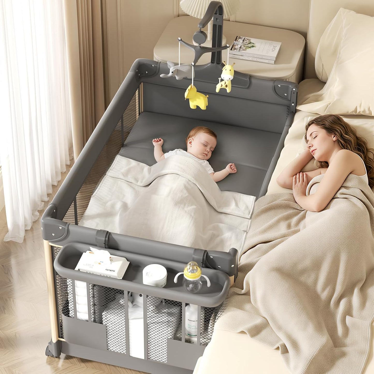 4-in-1 Pack and Play with Bassinet, Bedside Sleeper, Playard, and Changing Table, Folding Travel Crib with Musical Toy Rack & Bag, 4-Level Height Adjust, Newborn to Toddler（Ivy Gray）