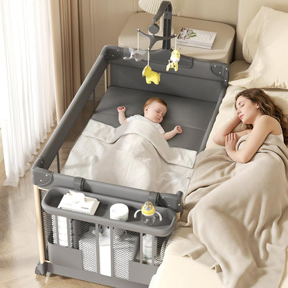 4-in-1 Pack and Play with Bassinet, Bedside Sleeper, Playard, and Changing Table, Folding Travel Crib with Musical Toy Rack & Bag, 4-Level Height Adjust, Newborn to Toddler（Ivy Gray）