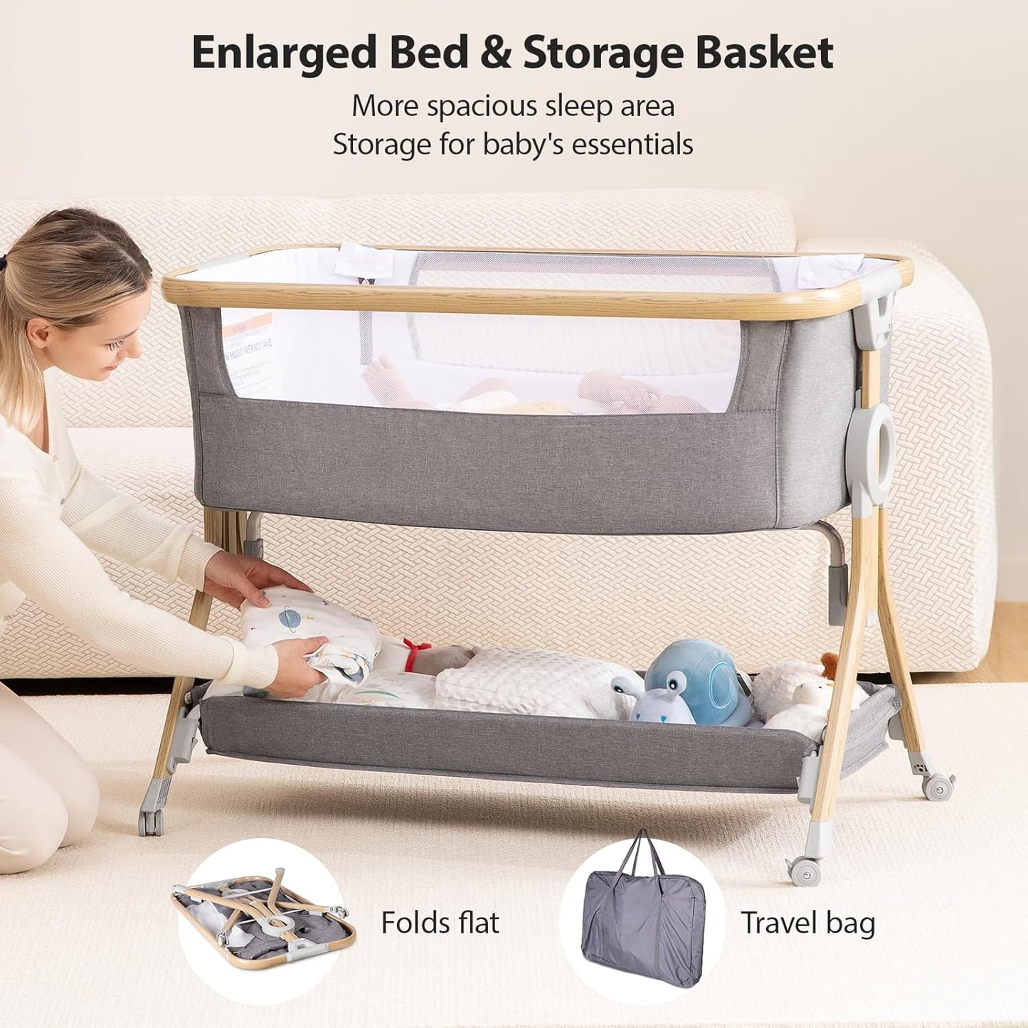 Larex Baby Bassinet Bedside Sleeper Crib Co Sleeper for Newborn Infant Toddler with Mosquito Net, Storage Bag & Basket, 5-Height Adjustable, Movable Wheels, Breathable Mattress & Mesh (Dark Gray)