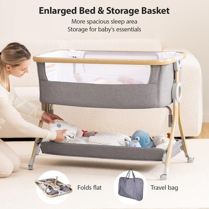 Larex Baby Bassinet Bedside Sleeper Crib Co Sleeper for Newborn Infant Toddler with Mosquito Net, Storage Bag & Basket, 5-Height Adjustable, Movable Wheels, Breathable Mattress & Mesh (Dark Gray)