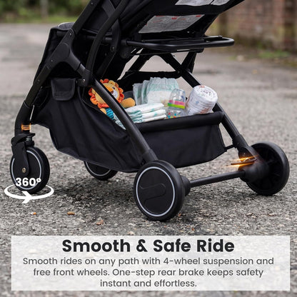 INFANS Travel Stroller, Lightweight Compact Baby Stroller for Airplane with One-Hand Fold, Multi-Position Recline, Canopy, 4 Wheel Suspension, Storage Basket (Grey+Black)