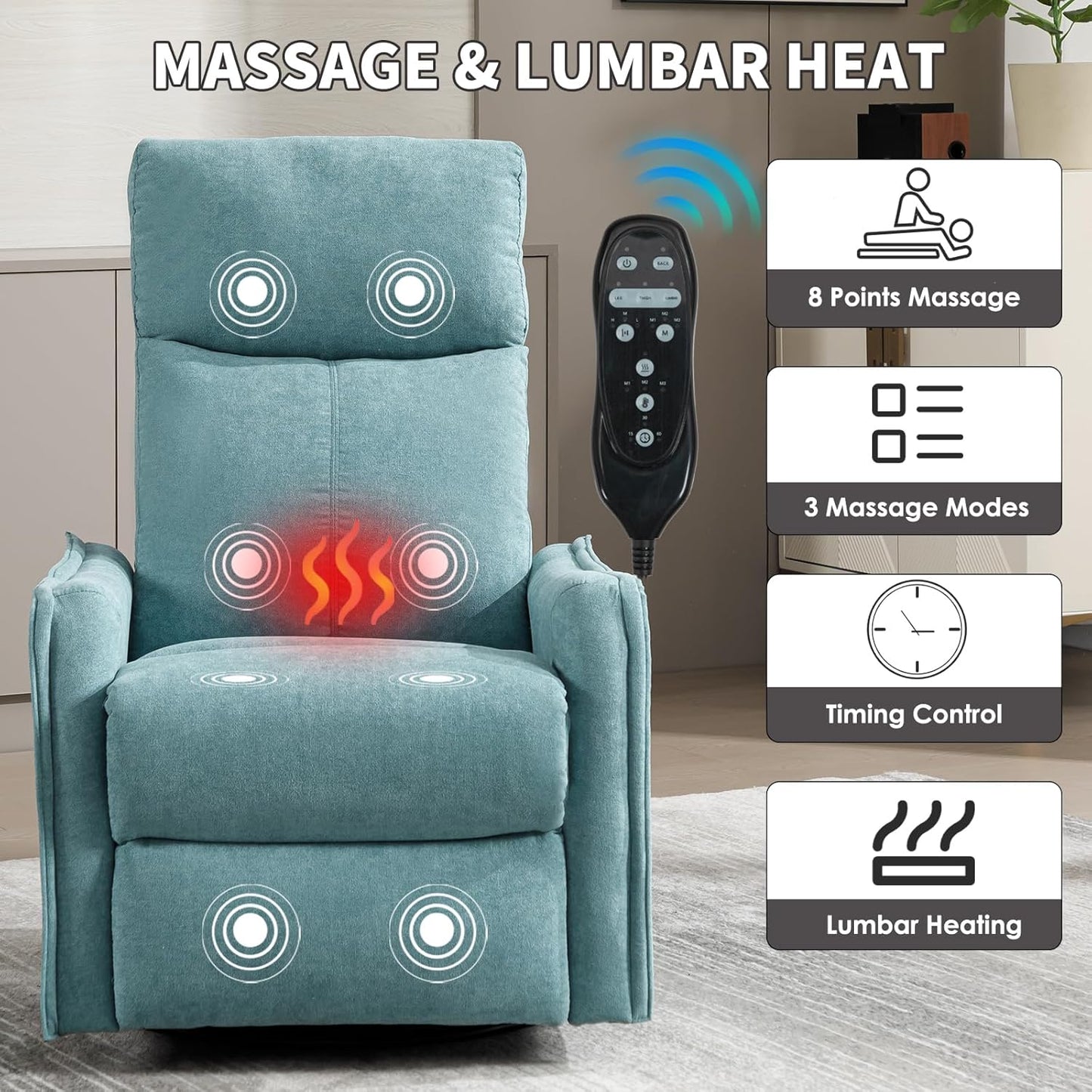 Trustyue Swivel Rocker Recliner Chair, 360° Swivel Recliner with Heat and Massage, Rocker Recliner Nursery Glider Chair with Side Pockets for Living Room (Beige, Fabric)