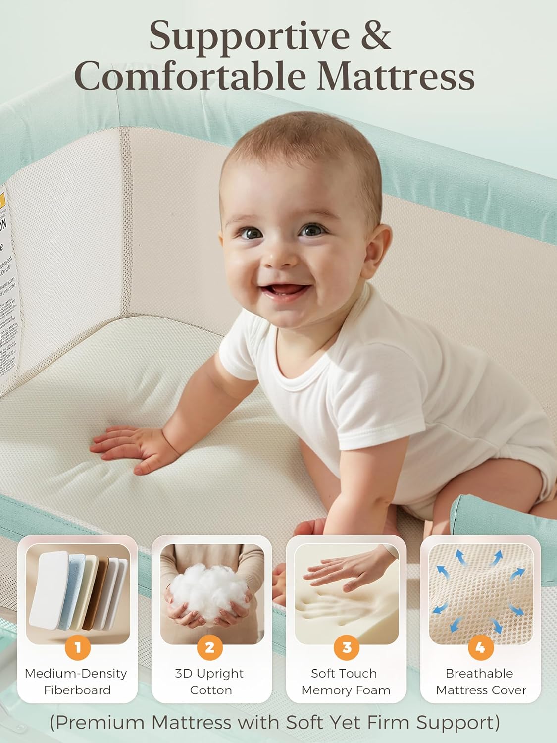 ONTHEWEI Baby Bassinet Bedside Sleeper 3-in-1, Easy Night Feeding with One-Side Fold & Rolling Wheels, Breathable Mesh, 6-Height Adjustable, Soft Mattress for Newborns