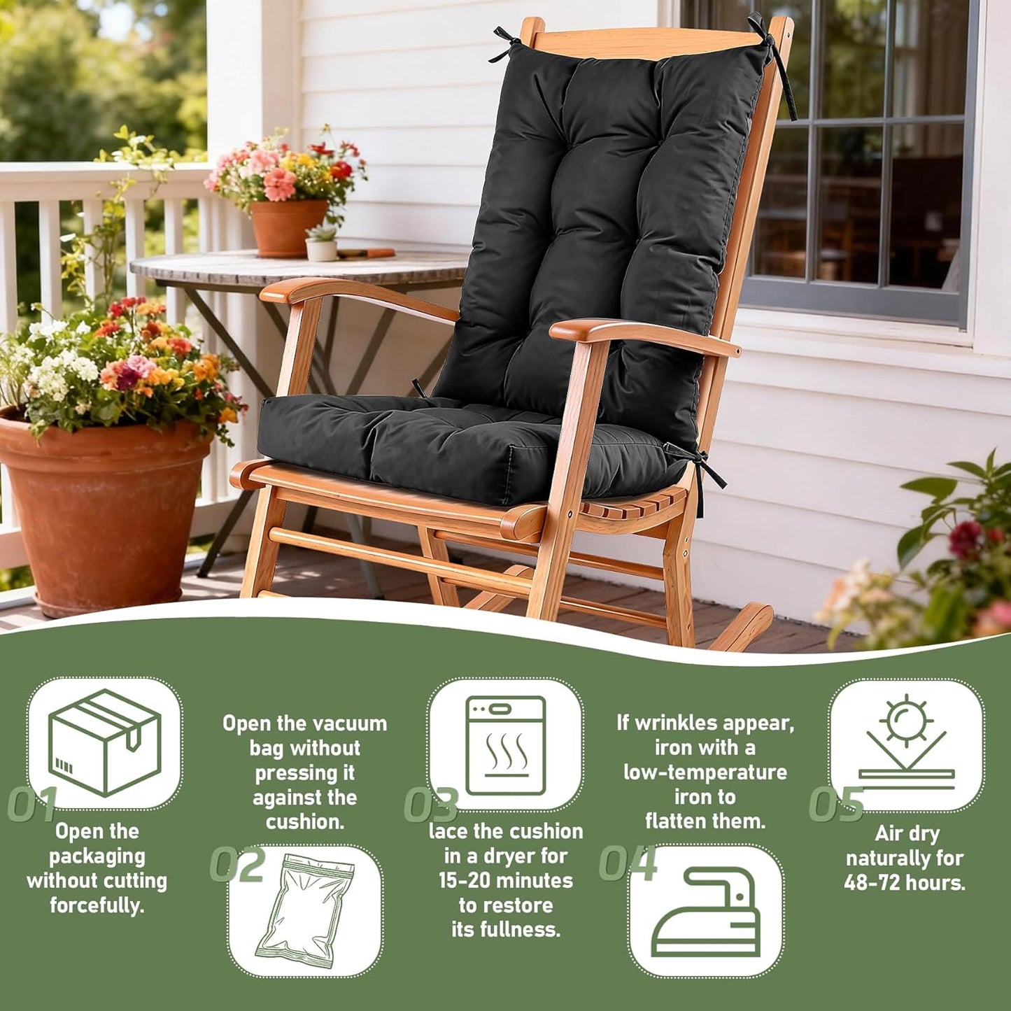 Rocking Chair Cushion with Ties Non-Slip Outdoor Rocking Chair Cushion Set Waterproof Fade-Resistant Porch Garden Patio Glider Rocker Cushions