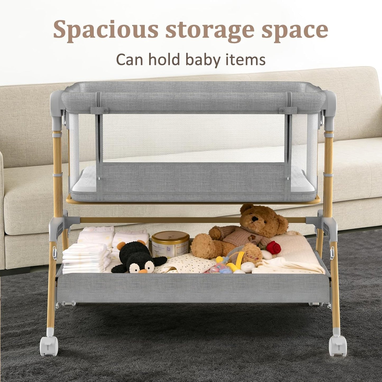 3 in 1 Baby Bassinet, Bedside Sleeper for Newborn, 7-Level Height Adjustable, Rocking Design with Breathable Mesh, Lockable Wheels & Large Storage Space, Portable Baby Crib（Dark Gray）