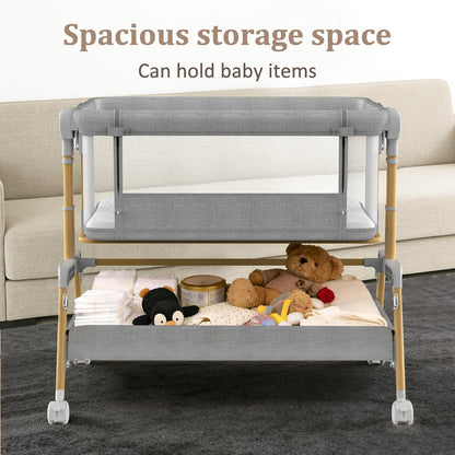 3 in 1 Baby Bassinet, Bedside Sleeper for Newborn, 7-Level Height Adjustable, Rocking Design with Breathable Mesh, Lockable Wheels & Large Storage Space, Portable Baby Crib（Dark Gray）