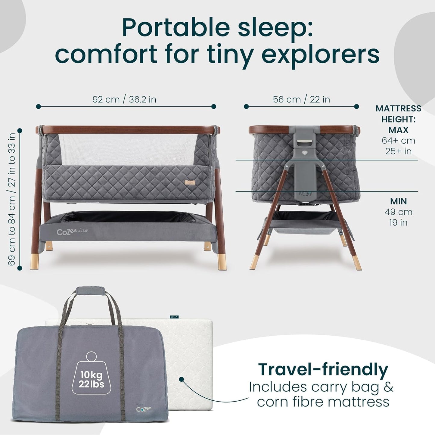 Tutti Bambini CoZee® 2-in-1 Baby Bassinet & Bedside Sleeper - Fast-Folding Bedside Bassinet, Baby Crib with 6 Mattress Heights & Breathable Mesh Window, Mattress Included, 0-6 Months (Oak & Charcoal)