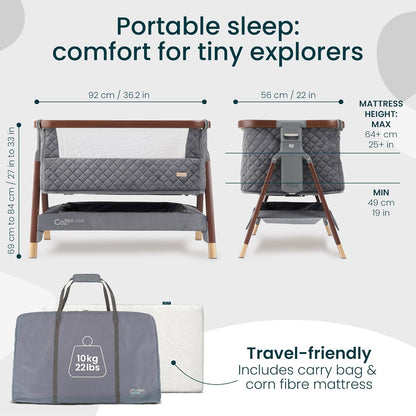 Tutti Bambini CoZee® 2-in-1 Baby Bassinet & Bedside Sleeper - Fast-Folding Bedside Bassinet, Baby Crib with 6 Mattress Heights & Breathable Mesh Window, Mattress Included, 0-6 Months (Oak & Charcoal)