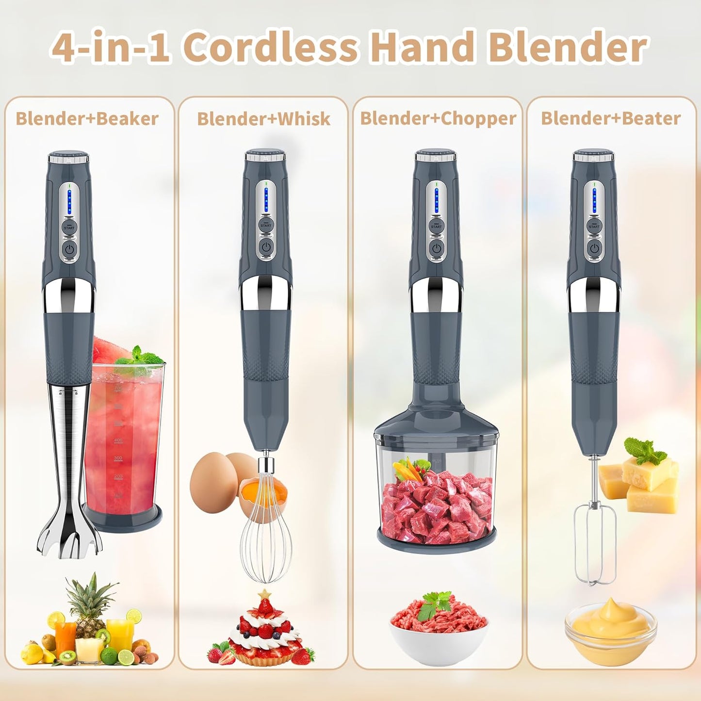 Toogel Cordless Immersion Blender, Electric Hand Blender with 21-Speed & 3-Angle Adjust, USB Rechargeable, BPA-Free & Dishwasher Safe for Baby Food, Smoothies, Soup (Grey)