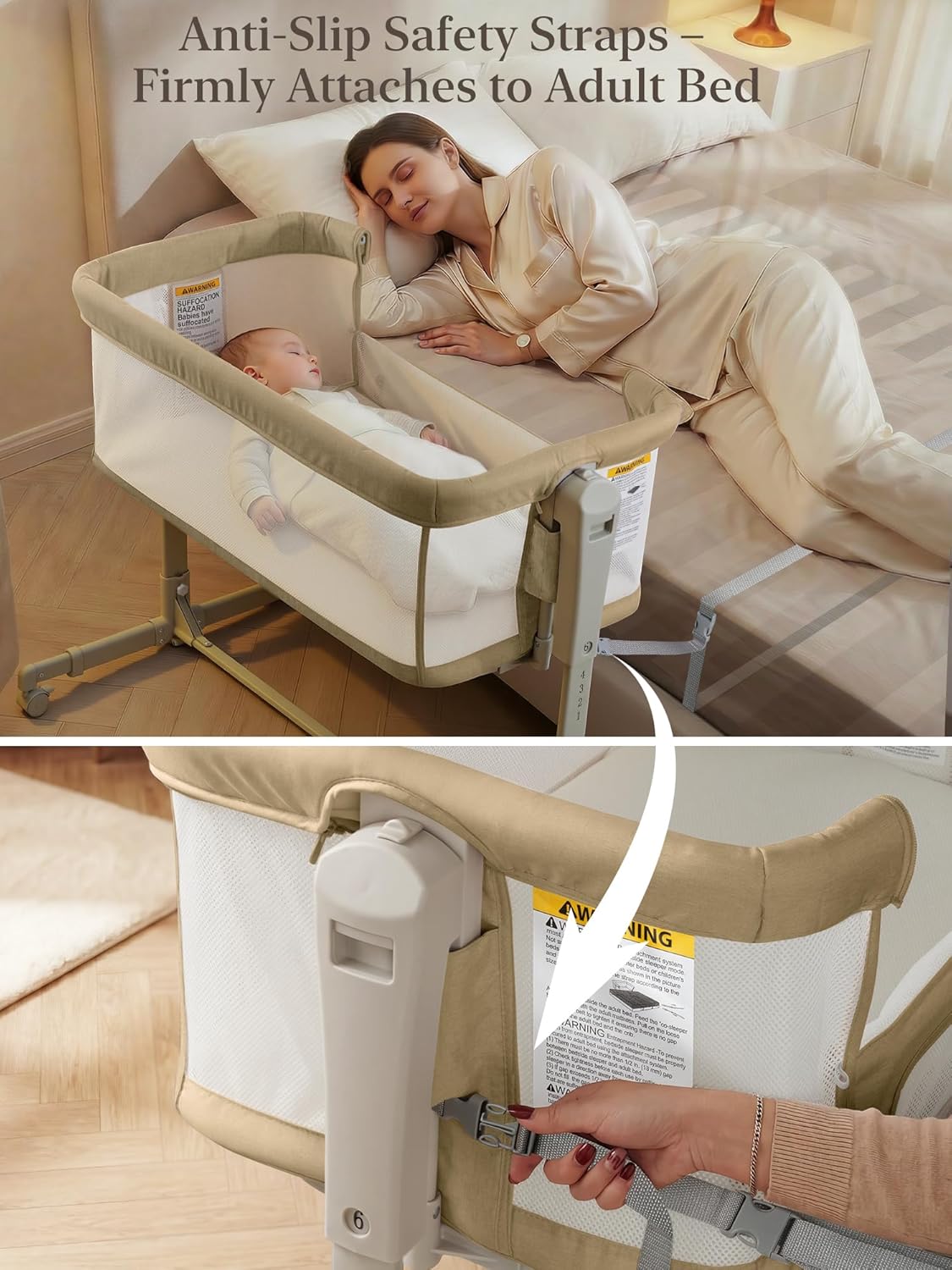 ONTHEWEI Baby Bassinet Bedside Sleeper 3-in-1, Easy Night Feeding with One-Side Fold & Rolling Wheels, Breathable Mesh, 6-Height Adjustable, Soft Mattress for Newborns