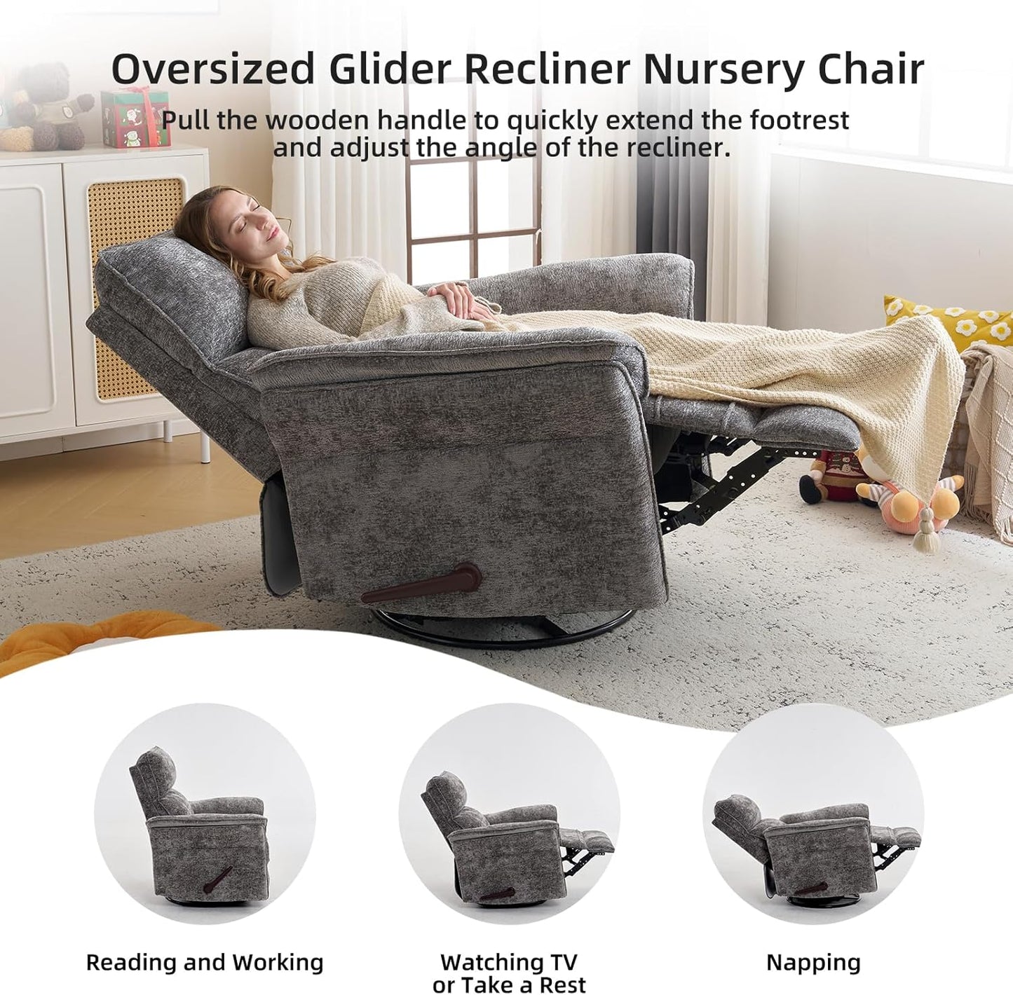 Oversized Glider Rocker Recliner, 26" Extra Wide 360° Swivel Nursery Recliner with Adjustable Headrest, Chenille Rocking Nursery Chair with Overstuffed Armrest, Lumbar Support, Light Grey