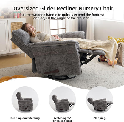 Oversized Glider Rocker Recliner, 26" Extra Wide 360° Swivel Nursery Recliner with Adjustable Headrest, Chenille Rocking Nursery Chair with Overstuffed Armrest, Lumbar Support, Light Grey
