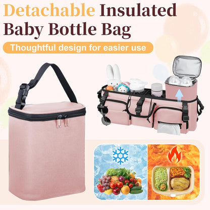 GDNasist Double Stroller Organizer Compatible with Bob Duallie and Baby Jogger City Mini GT2, Double Baby Stroller Accessories with Cooler Bag, Parent Console Double Jogging Stroller Caddy, Black