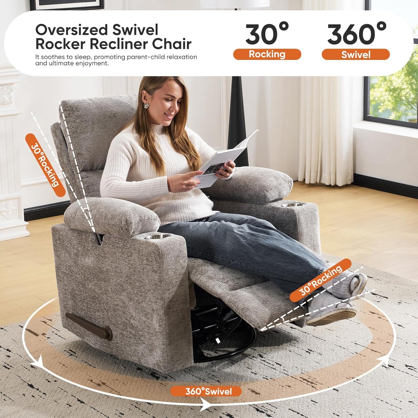 Rocking Chair Nursery with Adjustable Armrests, Electric Glider Recliner Nursing Chair for Breastfeeding, Power Swivel Recliner Chairs with Massage and Heat, Adjustable Headrest , FSC Certified, White