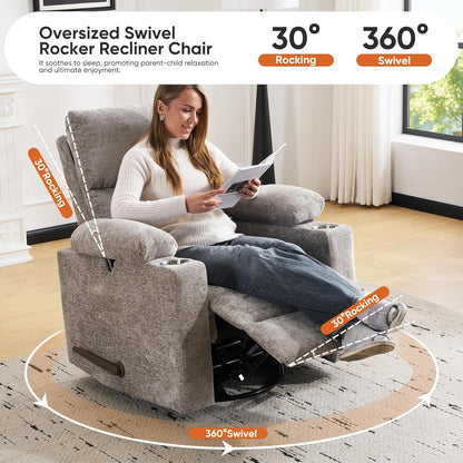 Rocking Chair Nursery with Adjustable Armrests, Electric Glider Recliner Nursing Chair for Breastfeeding, Power Swivel Recliner Chairs with Massage and Heat, Adjustable Headrest , FSC Certified, White