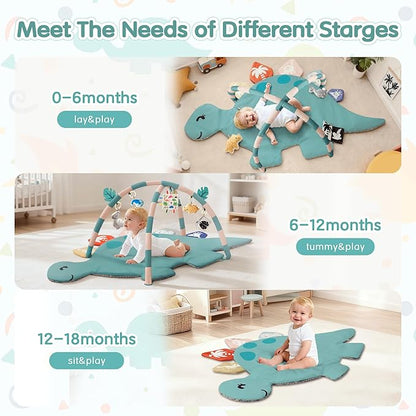 Baby Tummy Time Mat, Oversize Dinosaur Shaped Baby Play Gym Mat with 6 Toys, Play Mat for Babies 0-6-12 Months Promotes Motor Skills & Sensory Development, Newborn Essentials Infant Shower Gift