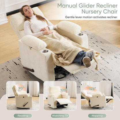 Rocking Chair Nursery with Adjustable Armrest for Breastfeeding, Glider Recliner Nursery Chair with Massage and Heat, Power Swivel Rocker Recliner with Adjustable Headrest, Corduroy, Beige