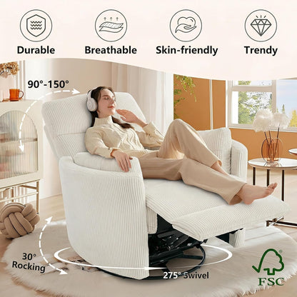 Oversized Swivel Rocking Chair, Manual Large Rocker Recliner Chairs for Adults, Corduroy Nursery Glider Barrel Chair with 2 Pillows, Wide Recliner for Living Room, Bedroom, Nursery, White