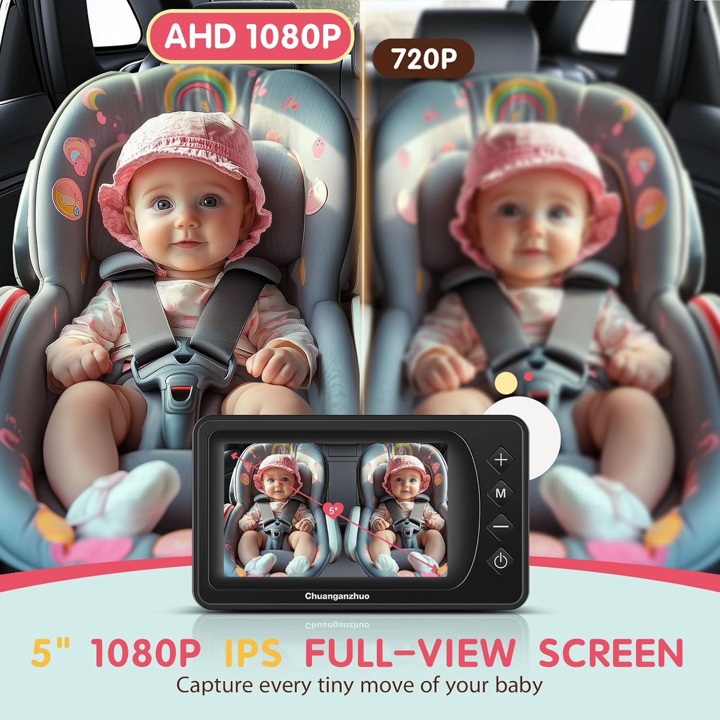 Baby Car Camera USB with No.1 Clarity, 5'' HD 1080P IPS Baby Car Monitor with 3X Zoom, Backseat/Carseat/Rear Seat Camera with Ultra Night Vision, Easy No-Damage Install, S100P(5inch Black)