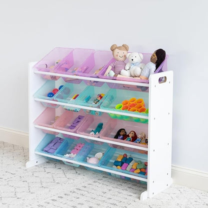 Humble Crew Toy Storage Organizer with 16 Removable Storage Bins for Kids Playroom, 4-Tier Toddler Toy Organization and Storage, White/Purple/Pink/Blue