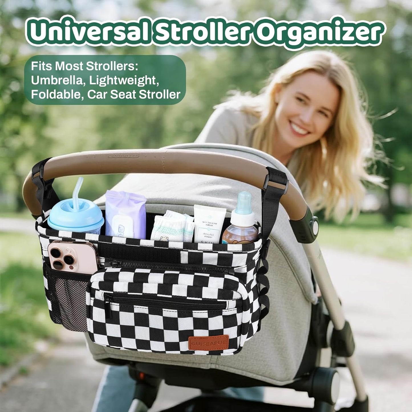 Guiseapue Universal Stroller Organizer with Cup Holder: Stroller Caddy Accessories with Detachable Phone Bag Fit for Uppababy, Non-Slip Straps, Walker Accessories, First Mothers Day Gifts for New Mom
