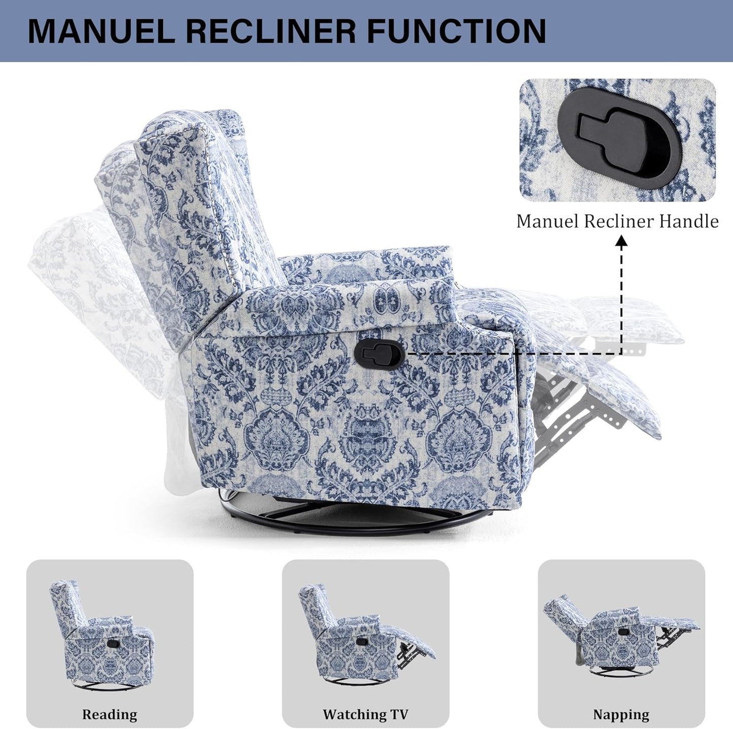 Swivel Rocker Recliner Chair, Manual Nursery Glider Recliner, Floral Fabric Wingback Accent Chair with Adjustable Backrest & Footrest for Small Spaces Living Room Bedroom (Plants Floral, Set of 1)