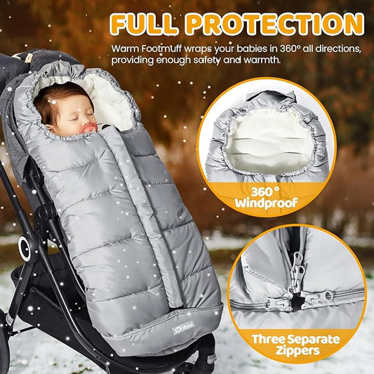 Orzbow Universal Footmuff for Baby, Winter Warm Stroller Bunting Bag, Waterproof Windproof Warm Coral Fleece Lined Toddler Sleeping Bag, Light Grey