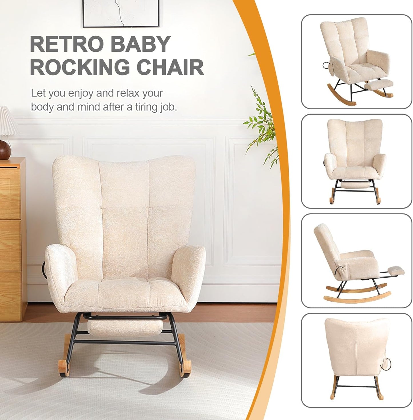 Rocking Chair Nursery with Airbag, Comfy Modern Nursery Rocking Reading Chair indoor with Footrest, Cozy Upholstered Glider Rocker Chairs for Living Room Bedroom Offices(Chenille, Dark Grey)