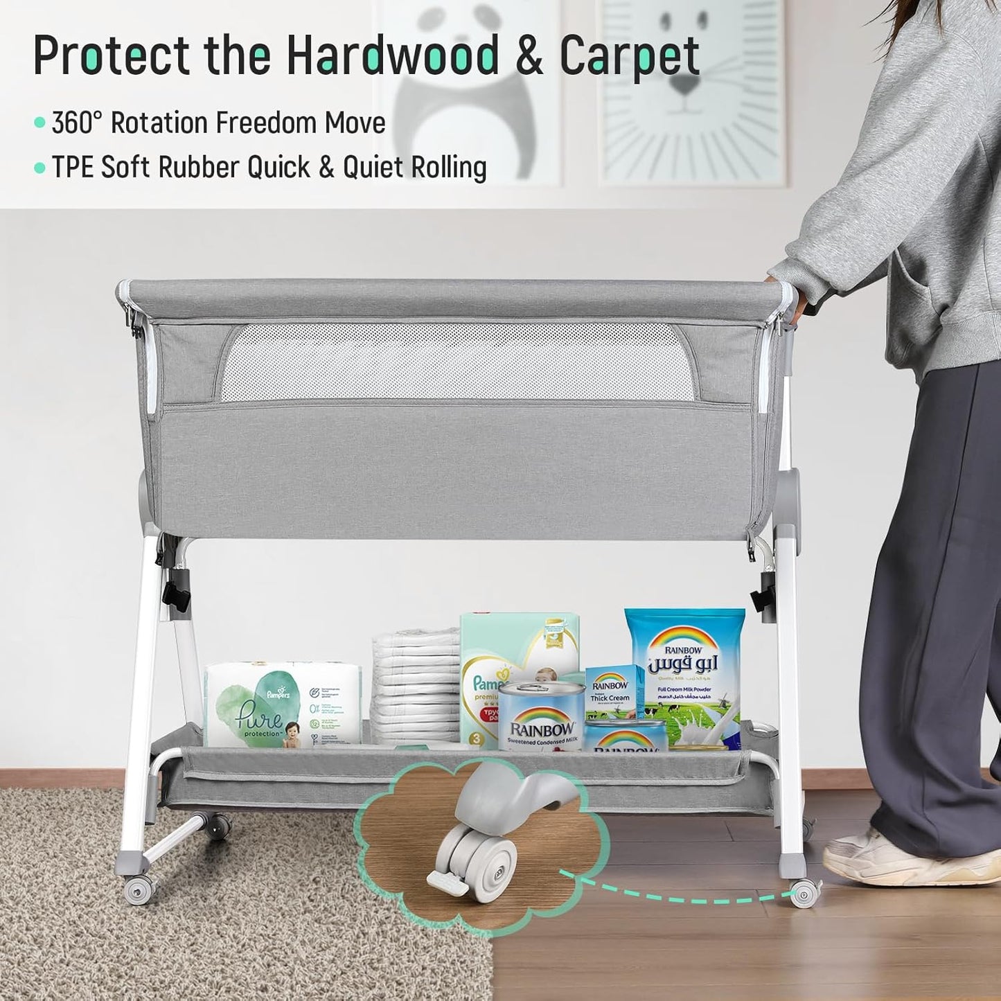 Cowiewie Bassinet Bedside Sleeper, Baby Bassinet with 7 Adjustable Height, Bedside Bassinet for Baby with Storage, Breathable Mesh & Mattress, Portable Bassinet Easy Folding (Pyramid Light Gray)