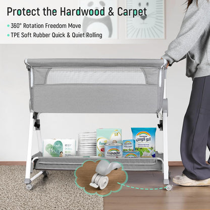 Cowiewie Bassinet Bedside Sleeper, Baby Bassinet with 7 Adjustable Height, Bedside Bassinet for Baby with Storage, Breathable Mesh & Mattress, Portable Bassinet Easy Folding (Pyramid Light Gray)