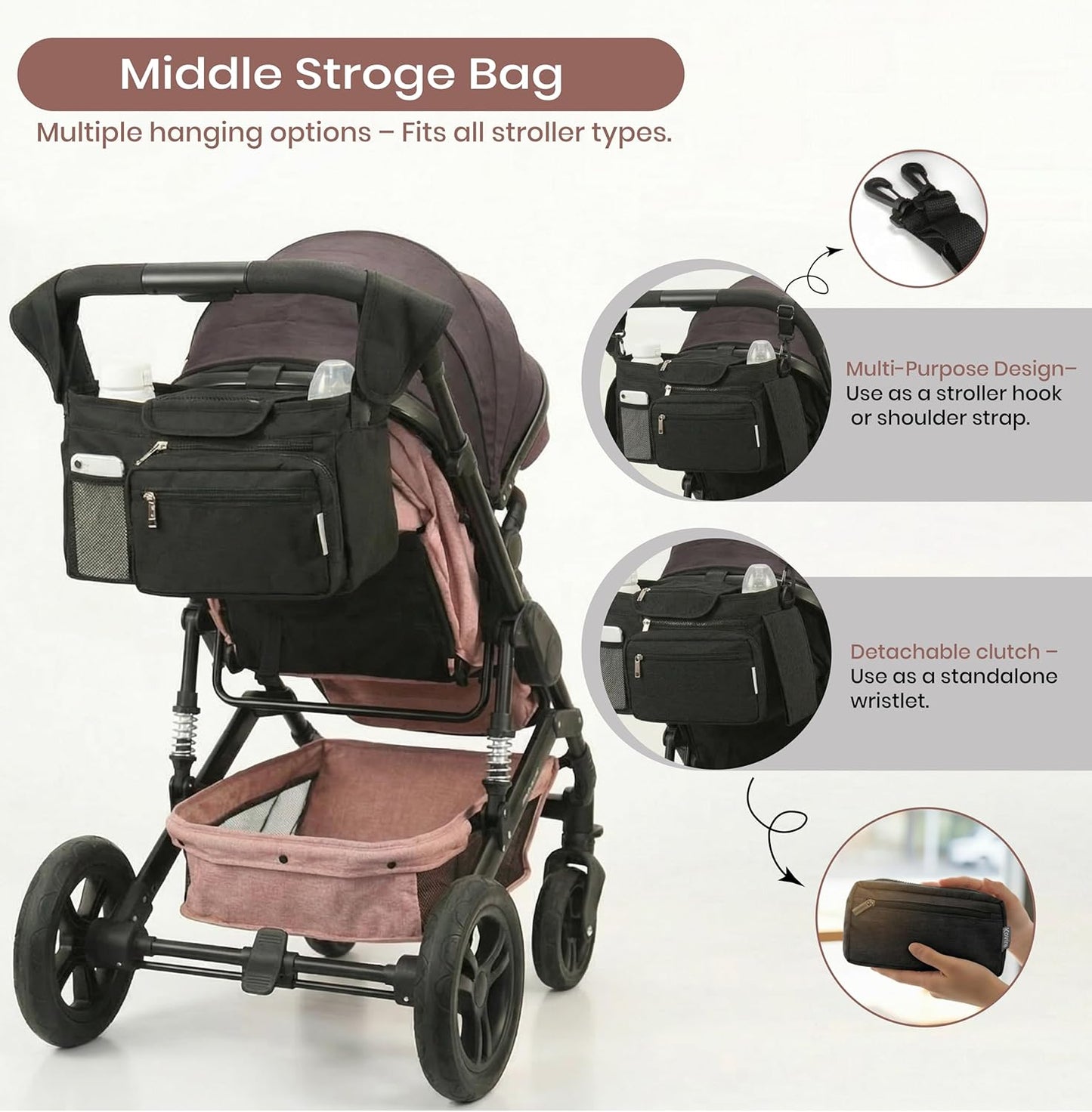 Black Universal Stroller Organizer with 2 Insulated Cup Holders, 3-in-1 Stroller Caddy with Detachable Phone Bag & Non-Slip Shoulder Strap, Fits Uppababy, Nuna, Doona, Baby Essentials