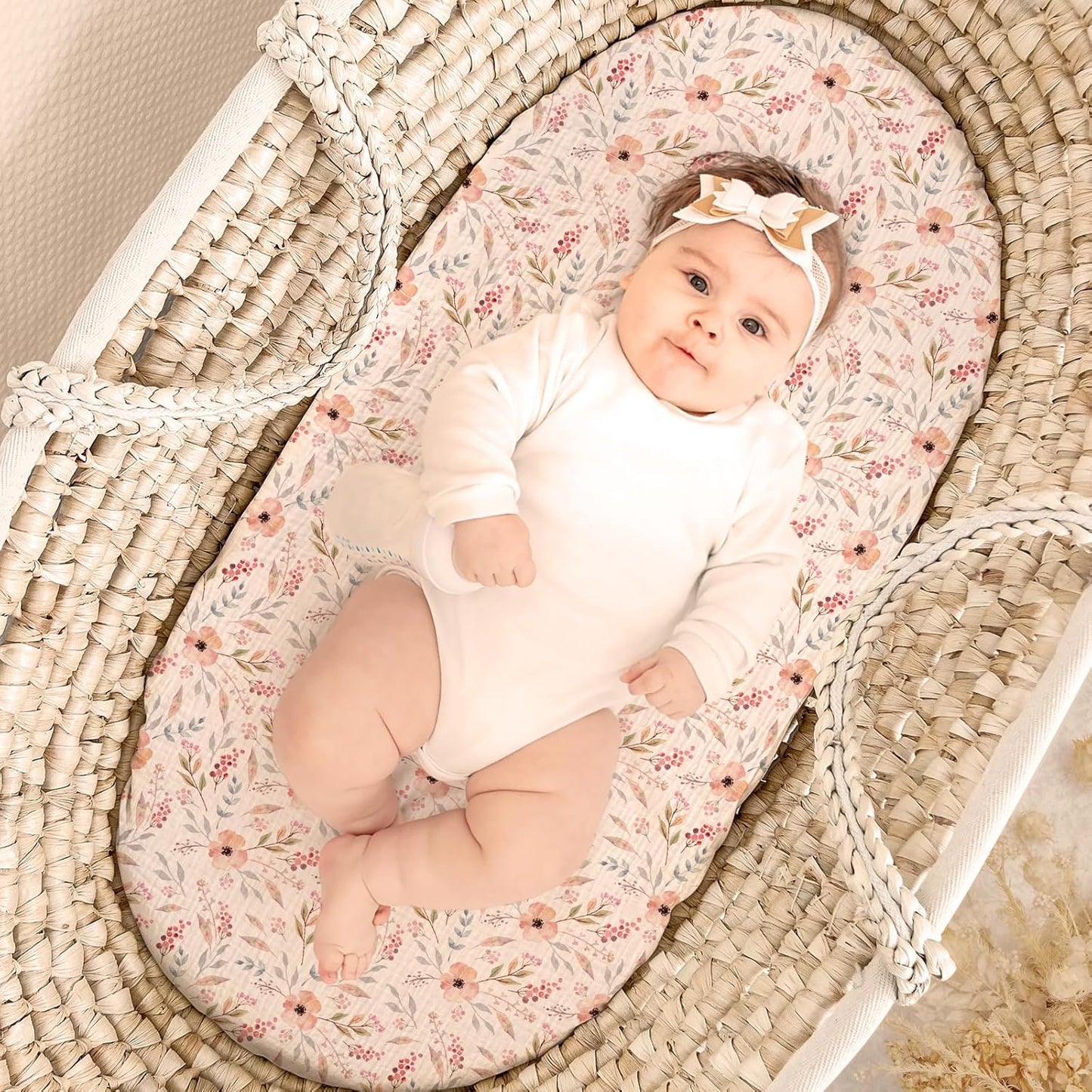 lulumoon Baby Bassinet Sheets Muslin: Cotton Bedside Bassinet Sheets Leaf for Boys - Fitted for Bedside Sleeper Mattress