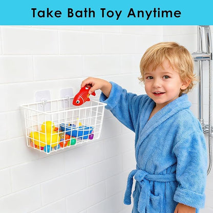 Hanging Bath Toy Storage Basket - 2 Pack Metal Bath Toy Holder with Hooks - Bathtub Toy Storage Organizer for Bath Shower Bathroom(White)