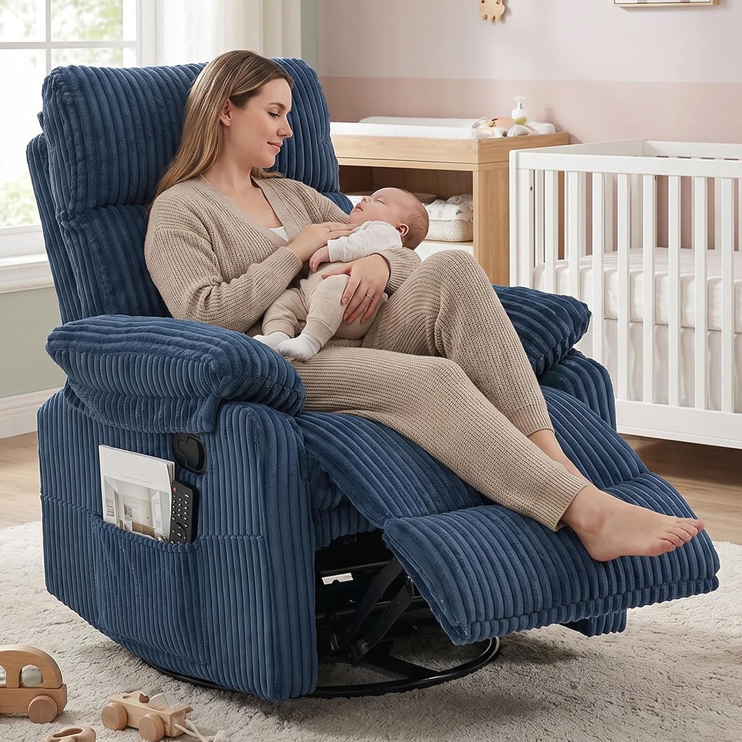 Manual Small Recliner Rocking Chair for Nursery/Relaxation, Corduroy Swivel Glider Recliner for Living Room Bedroom, Brown Rocking Chair Nursery Recliners for Small Spaces, Side Pockets (Brown)