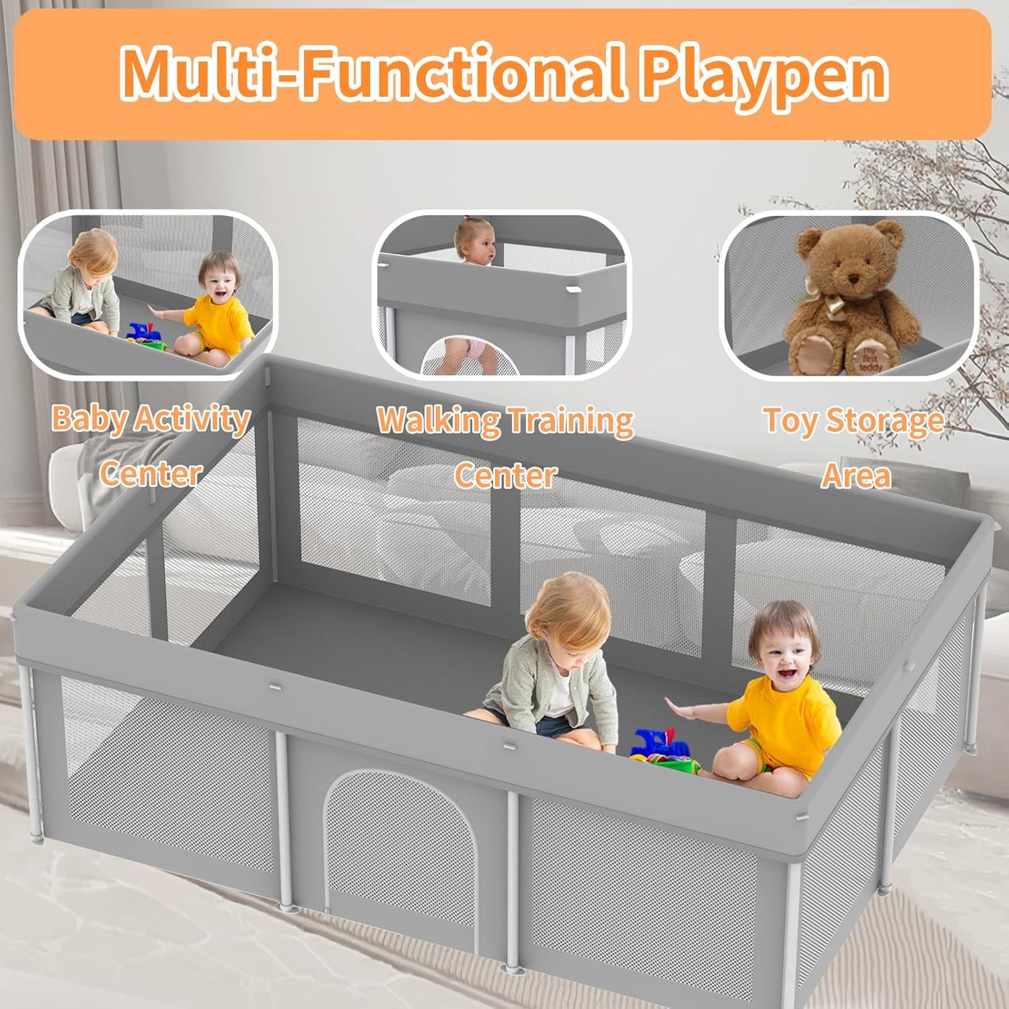Foldable Large Baby Playpen 71"×71", Portable Playard for Babies & Toddlers, Lightweight Safety Baby Fence, No Installation, Indoor & Outdoor Playpen with 150 Ocean Balls, Beige
