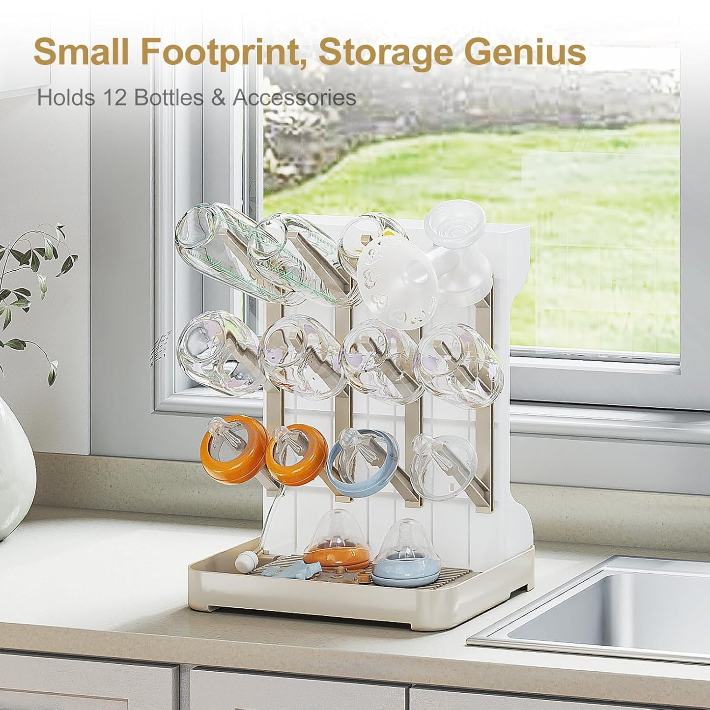 GoMaihe Baby Bottle Drying Rack: Space Saving Vertical Bottle Dryer Holder - Newborn Accessories Storage Stand Organize Brushes Pacifiers on Countertop - BPA-Free - Gray
