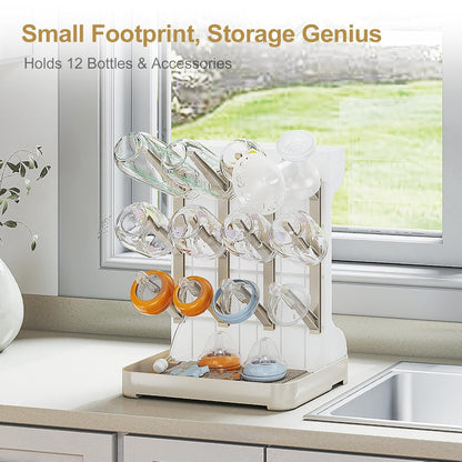 GoMaihe Baby Bottle Drying Rack: Space Saving Vertical Bottle Dryer Holder - Newborn Accessories Storage Stand Organize Brushes Pacifiers on Countertop - BPA-Free - Gray