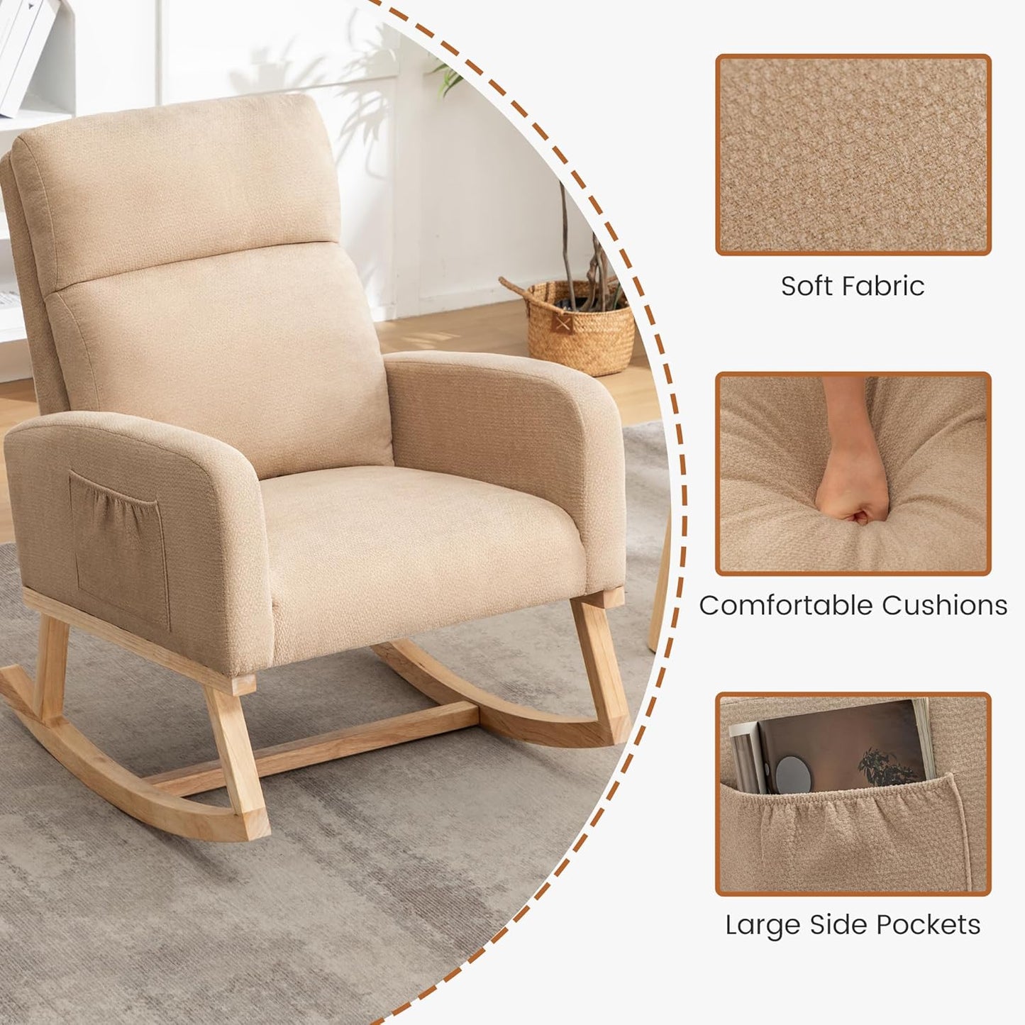 Rocking Chair Nursery - Glider Modern Accent Chairs Upholstered Nursing Rocker Padded Armchair for Indoor Living Room Bedroom Beige