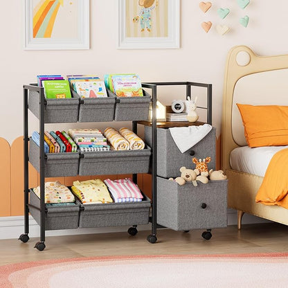 Modanais Kids Toy Organizers and Storage Bins - 7 Storage Bins + 2 Fabric Drawers + 1 Bookshelf, Playroom Storage, Mobile Cart Organizer for Toy, Clothes, Blankets and Books - Black