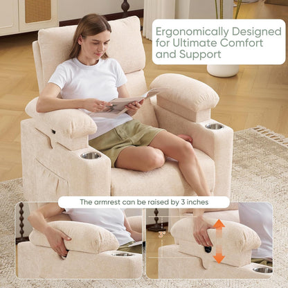 Rocking Chair Nursery with Adjustable Armrest for Breastfeeding, Glider Recliner Nursery Chair with Massage and Heat, Power Swivel Rocker Recliner with Adjustable Headrest, Corduroy, Beige