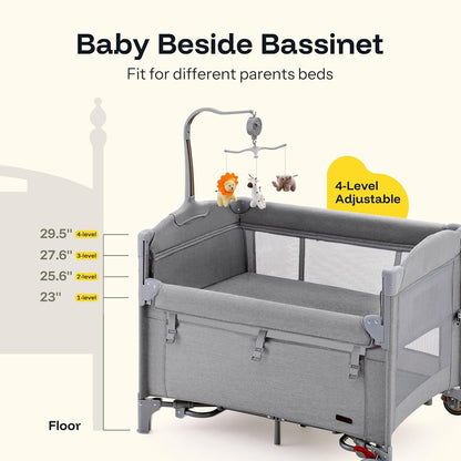 HARPPA Pack and Play 6 in 1, Portable Baby Playard for Travel, Baby Bassinet Bedside Sleeper with Mattress, Rolling Bassinet for Infant, Pack n Play with Changing Table, Bed Crib(Black)