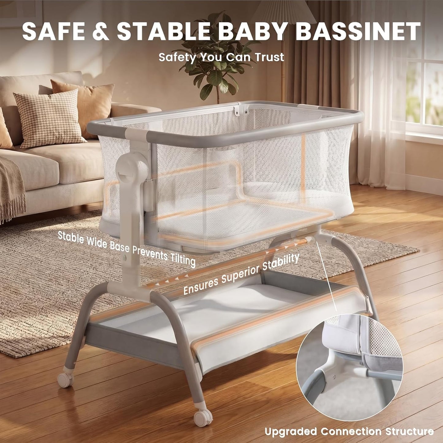 3 in 1 Baby Bassinet,Rocking Bassinets Bedside Sleeper with 6 Adjustable Heights,Breathable Full-Mesh,Comfortable Mattress & Lockable Wheels,Stable Rolling Portable Crib for Newborns(Gray) | Breathable Full Mesh, V-Shaped Structure