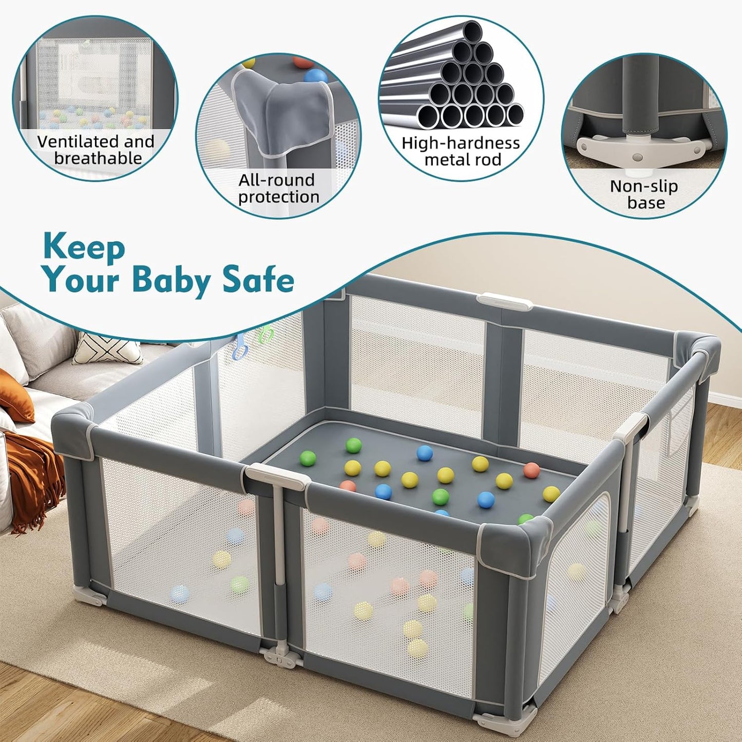 Foldable Playpen for Babies and Toddlers, 51" Portable Play Pen with Mat and Ocean Balls, Play Yard with with Visible Mesh for Inddor and Outdoor, No Assembly Required, Dark Gray